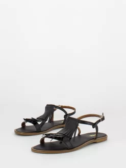 Sandali In Nappa Neri Con Frange